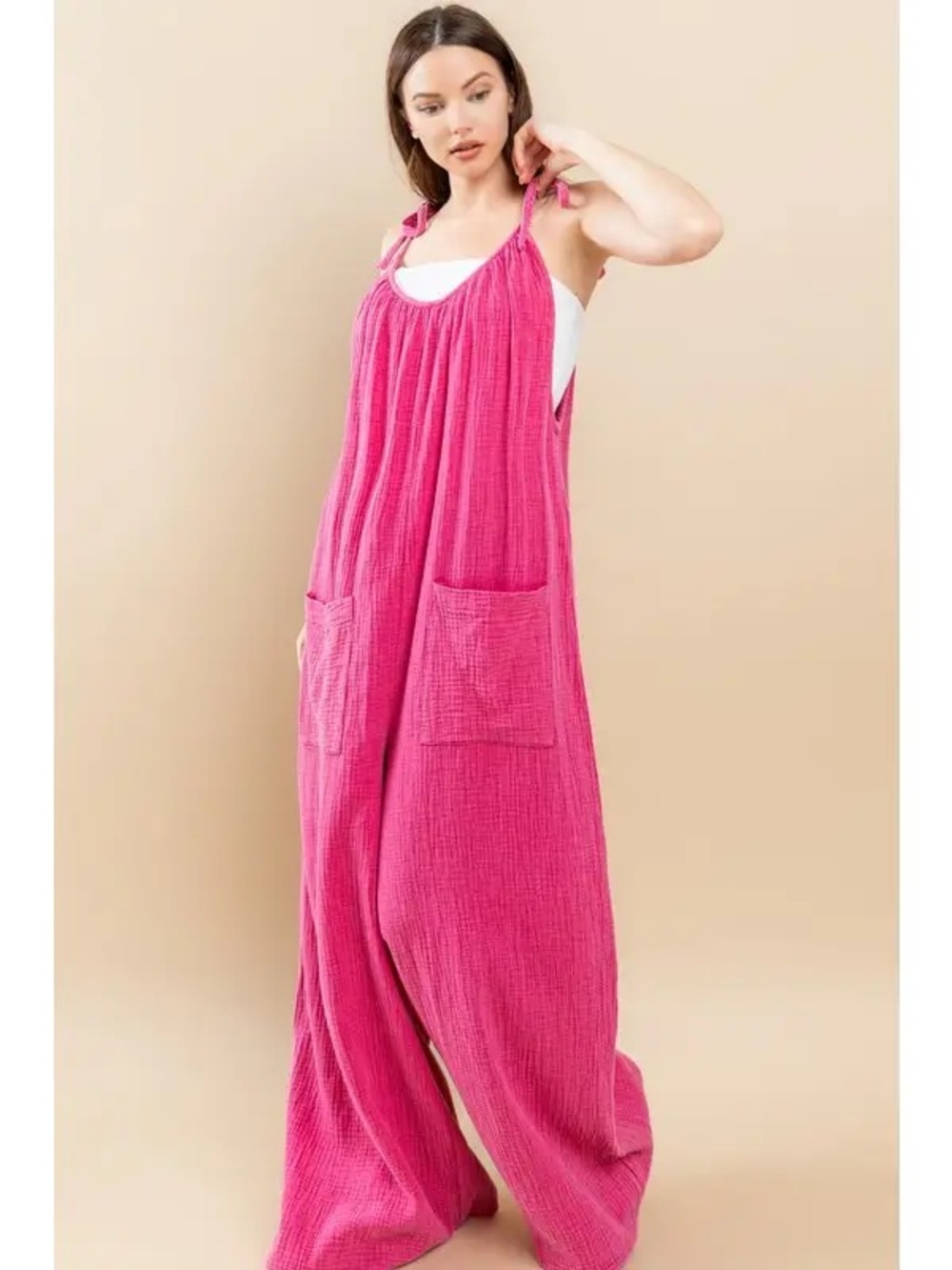 Oddi Women's Hot Pink Gauze Wide-Leg Jumpsuit — NWT - Picture 2 of 3